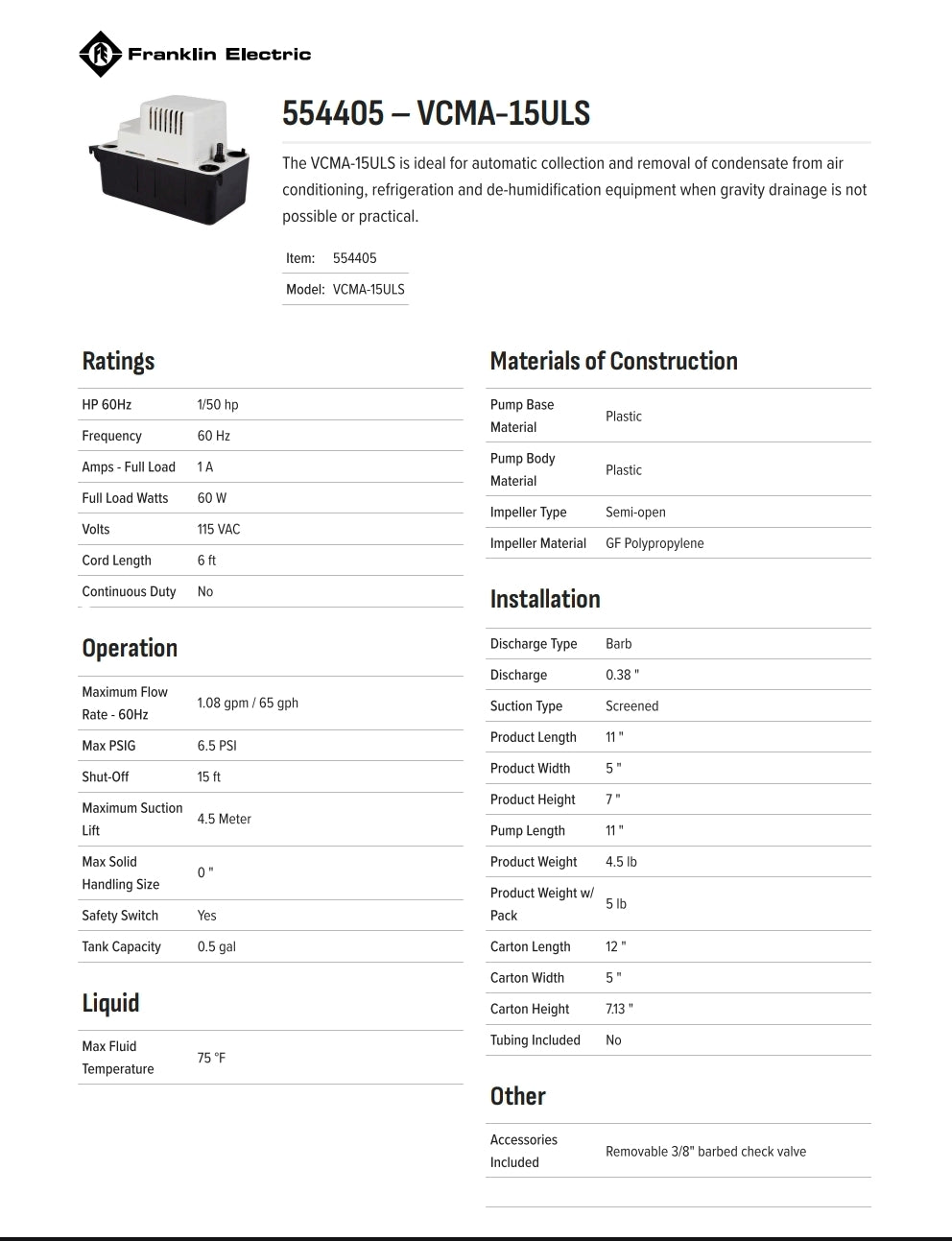 VCMA-15 Series Condensate Pump 15ft lift Model: VCMA-15ULS Item: 55405