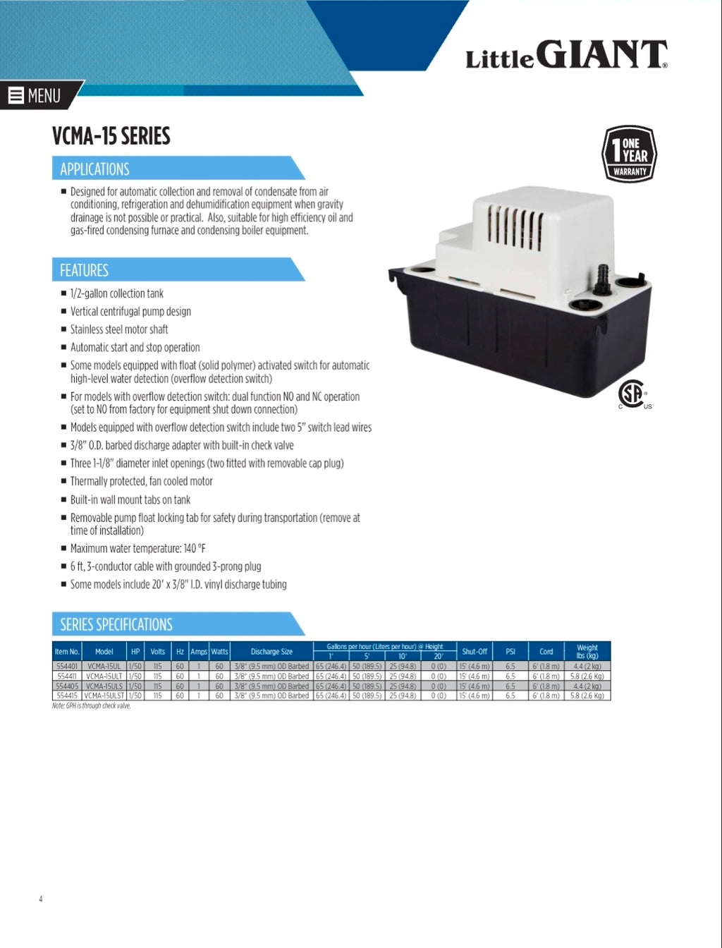 VCMA-15 Series Condensate Pump 15ft lift Model: VCMA-15ULS Item: 55405